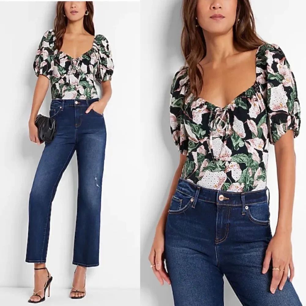 NWT Express Floral Eyelet Puff Sleeve Bodysuit
